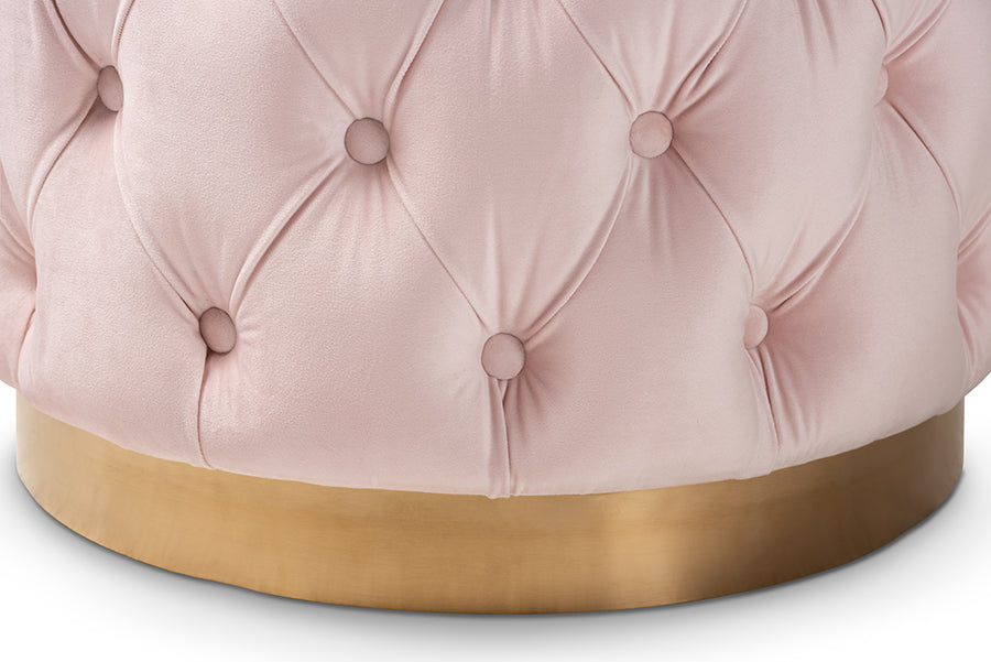baxton studio valeria glam light pink velvet fabric upholstered gold finished button tufted ottoman | Modish Furniture Store-3