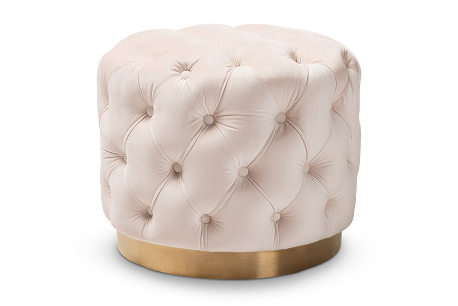 baxton studio valeria glam light beige velvet fabric upholstered gold finished button tufted ottoman | Modish Furniture Store-2