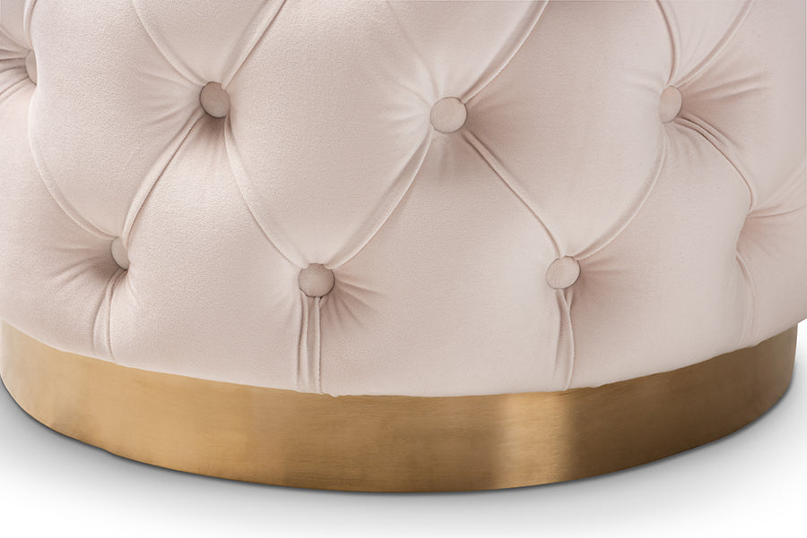 baxton studio valeria glam light beige velvet fabric upholstered gold finished button tufted ottoman | Modish Furniture Store-3