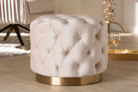 Baxton Studio Valeria Glam Light Beige Velvet Fabric Upholstered Gold-Finished Button Tufted Ottoman | Modishstore | Ottomans
