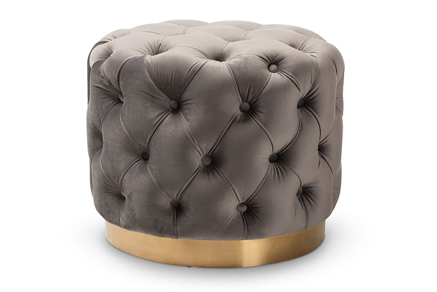baxton studio valeria glam gray velvet fabric upholstered gold finished button tufted ottoman | Modish Furniture Store-2