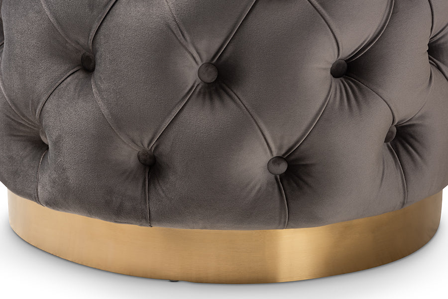 baxton studio valeria glam gray velvet fabric upholstered gold finished button tufted ottoman | Modish Furniture Store-3