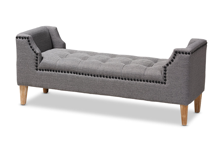 baxton studio perret modern and contemporary gray linen fabric upholstered oak brown finished wood bench | Modish Furniture Store-2