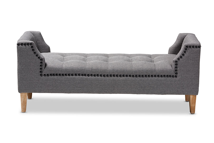 baxton studio perret modern and contemporary gray linen fabric upholstered oak brown finished wood bench | Modish Furniture Store-3
