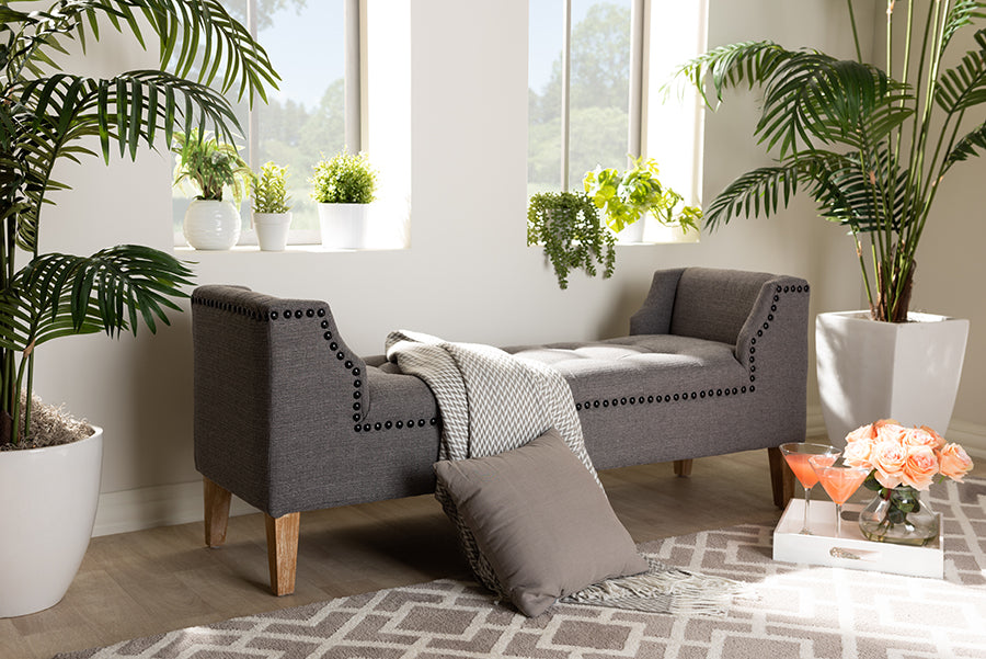 Baxton Studio Perret Modern and Contemporary Gray Linen Fabric Upholstered Oak Brown Finished Wood Bench | Modishstore | Stools & Benches