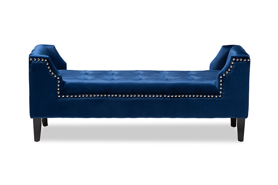baxton studio perret modern and contemporary royal blue velvet fabric upholstered espresso finished wood bench | Modish Furniture Store-3