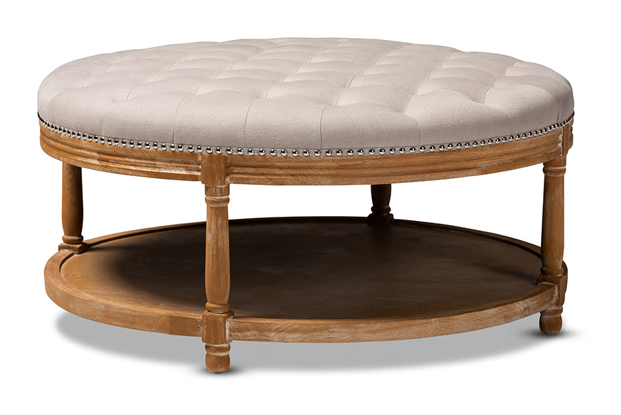 baxton studio ambroise french provincial beige linen fabric upholstered and white washed oak wood button tufted cocktail ottoman with shelf | Modish Furniture Store-2