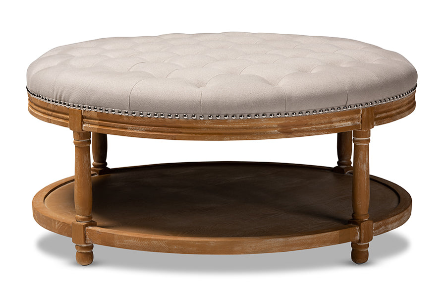 baxton studio ambroise french provincial beige linen fabric upholstered and white washed oak wood button tufted cocktail ottoman with shelf | Modish Furniture Store-3