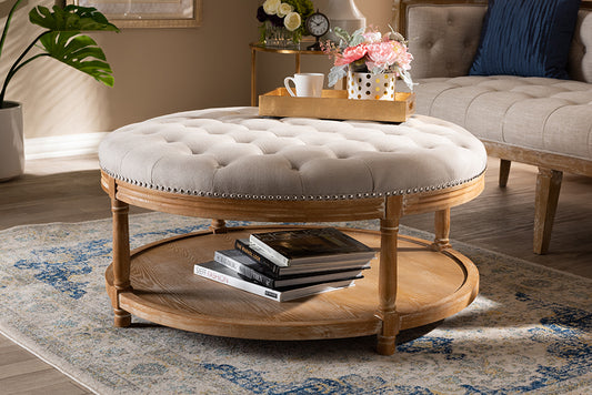 Baxton Studio Ambroise French Provincial Beige Linen Fabric Upholstered and White-Washed Oak Wood Button-Tufted Cocktail Ottoman with Shelf | Modishstore | Ottomans