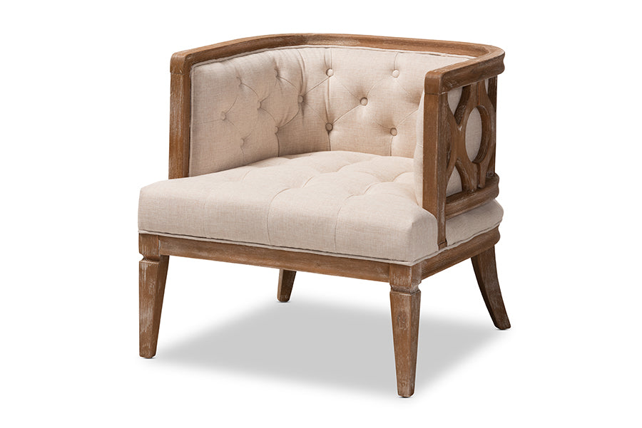 baxton studio esme french provincial beige linen fabric upholstered and white washed oak wood accent barrel chair | Modish Furniture Store-2