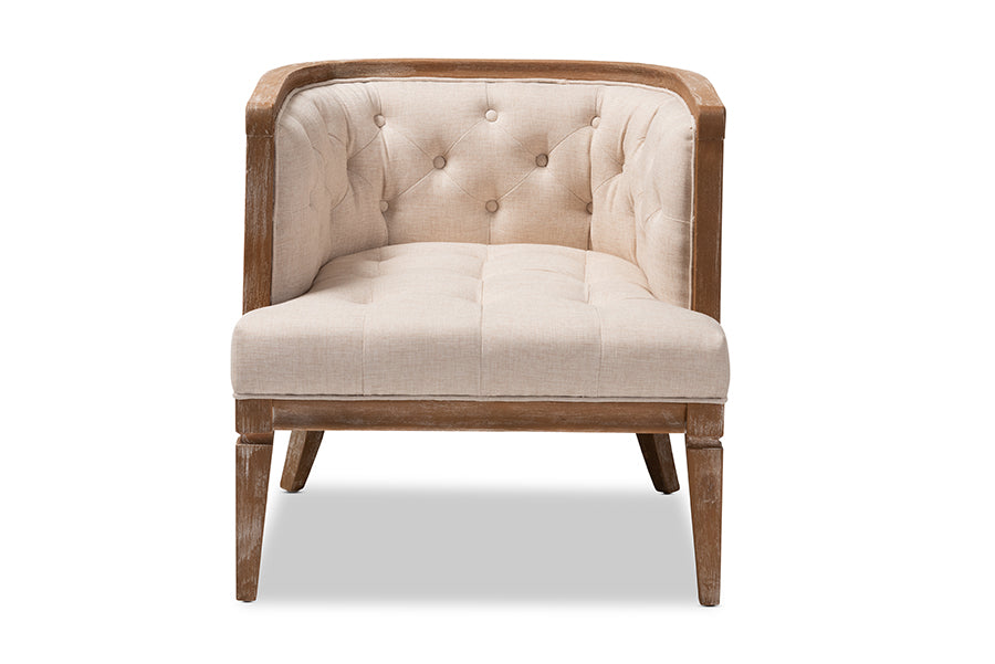 baxton studio esme french provincial beige linen fabric upholstered and white washed oak wood accent barrel chair | Modish Furniture Store-3