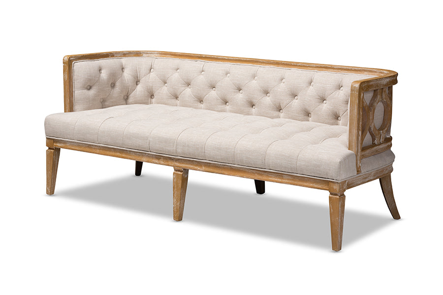 baxton studio agnes french provincial beige linen fabric upholstered and white washed oak wood sofa | Modish Furniture Store-2