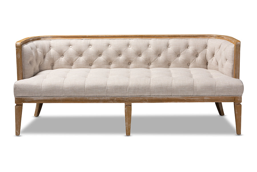 baxton studio agnes french provincial beige linen fabric upholstered and white washed oak wood sofa | Modish Furniture Store-3