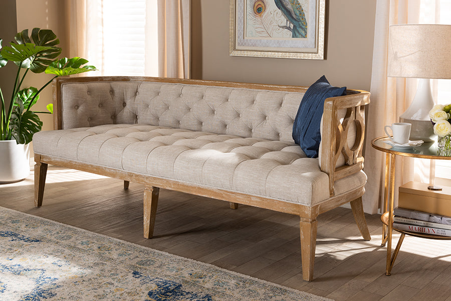 Baxton Studio Agnes French Provincial Beige Linen Fabric Upholstered and White-Washed Oak Wood Sofa | Modishstore | Sofas