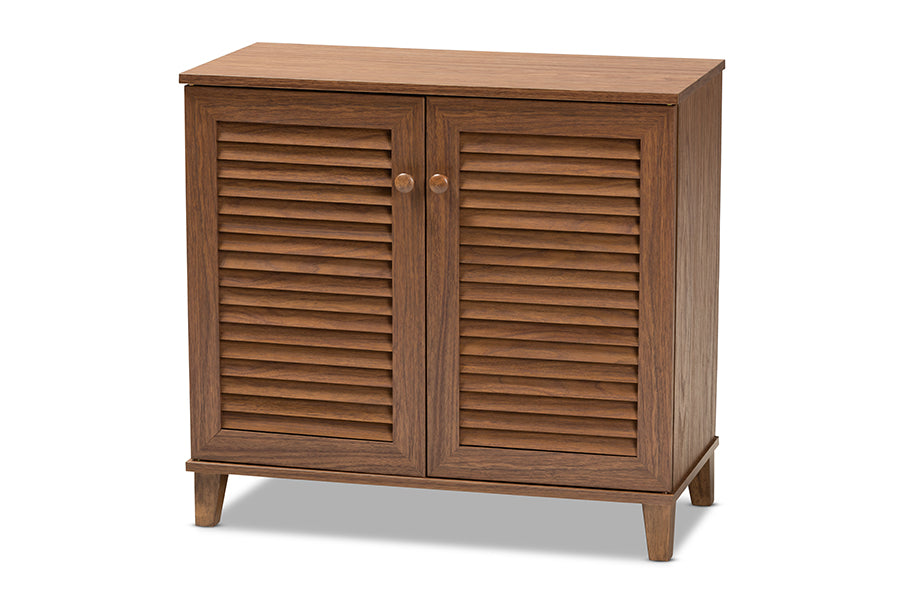 baxton studio coolidge modern and contemporary walnut finished 4 shelf wood shoe storage cabinet | Modish Furniture Store-2