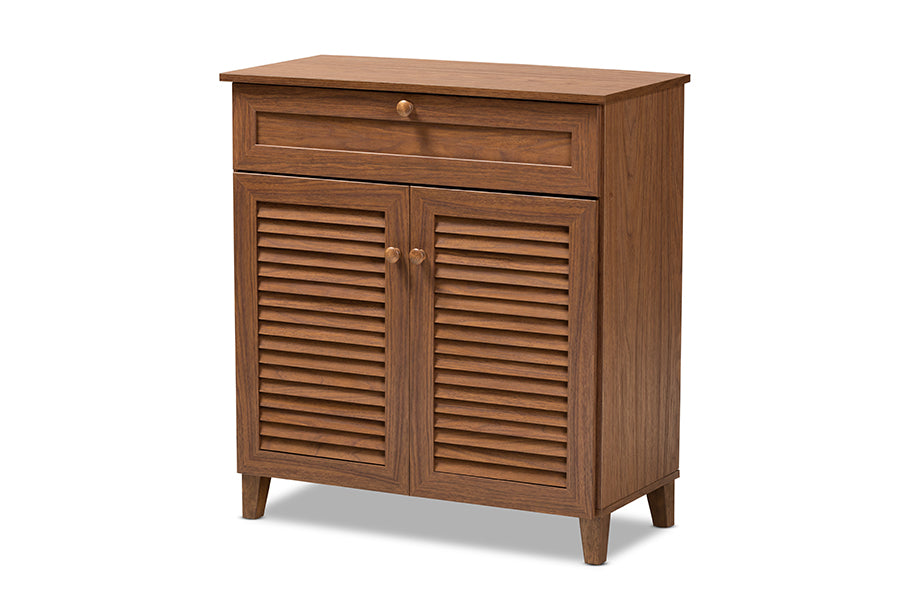 baxton studio coolidge modern and contemporary walnut finished 4 shelf wood shoe storage cabinet with drawer | Modish Furniture Store-2