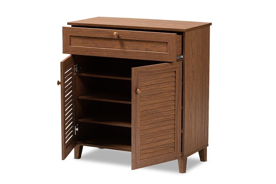 baxton studio coolidge modern and contemporary walnut finished 4 shelf wood shoe storage cabinet with drawer | Modish Furniture Store-3