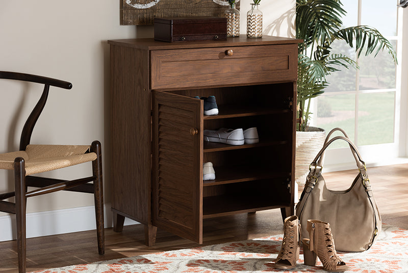 Baxton Studio Coolidge Modern and Contemporary Walnut Finished 4-Shelf Wood Shoe Storage Cabinet with Drawer | Modishstore | Cabinets