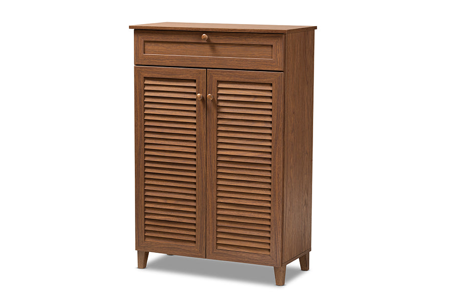 baxton studio coolidge modern and contemporary walnut finished 5 shelf wood shoe storage cabinet with drawer | Modish Furniture Store-2