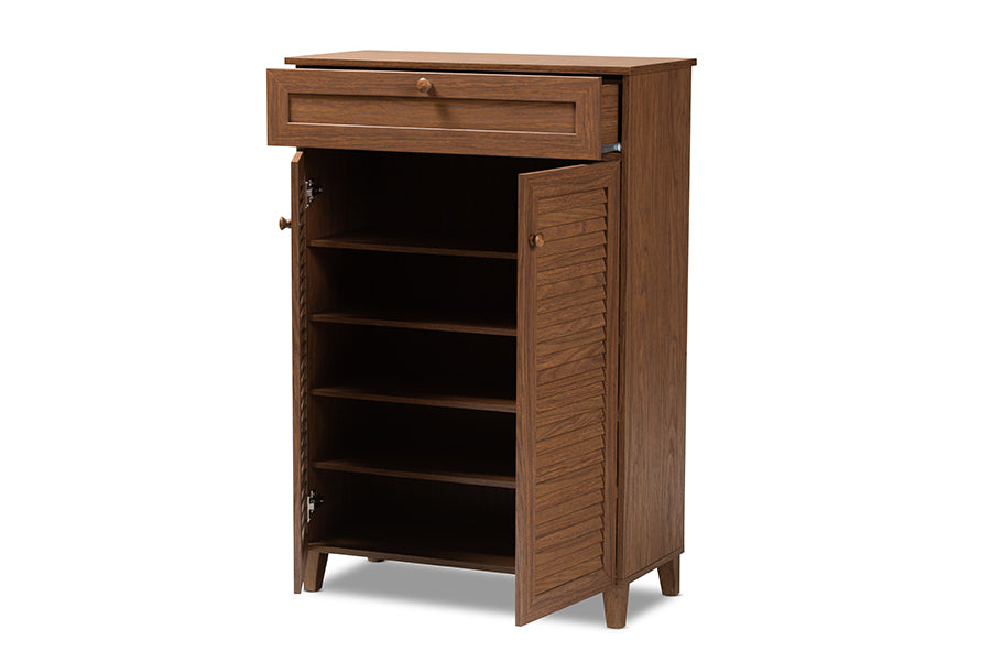 baxton studio coolidge modern and contemporary walnut finished 5 shelf wood shoe storage cabinet with drawer | Modish Furniture Store-3