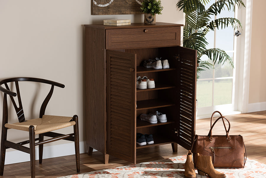 Baxton Studio Coolidge Modern and Contemporary Walnut Finished 5-Shelf Wood Shoe Storage Cabinet with Drawer | Modishstore | Cabinets
