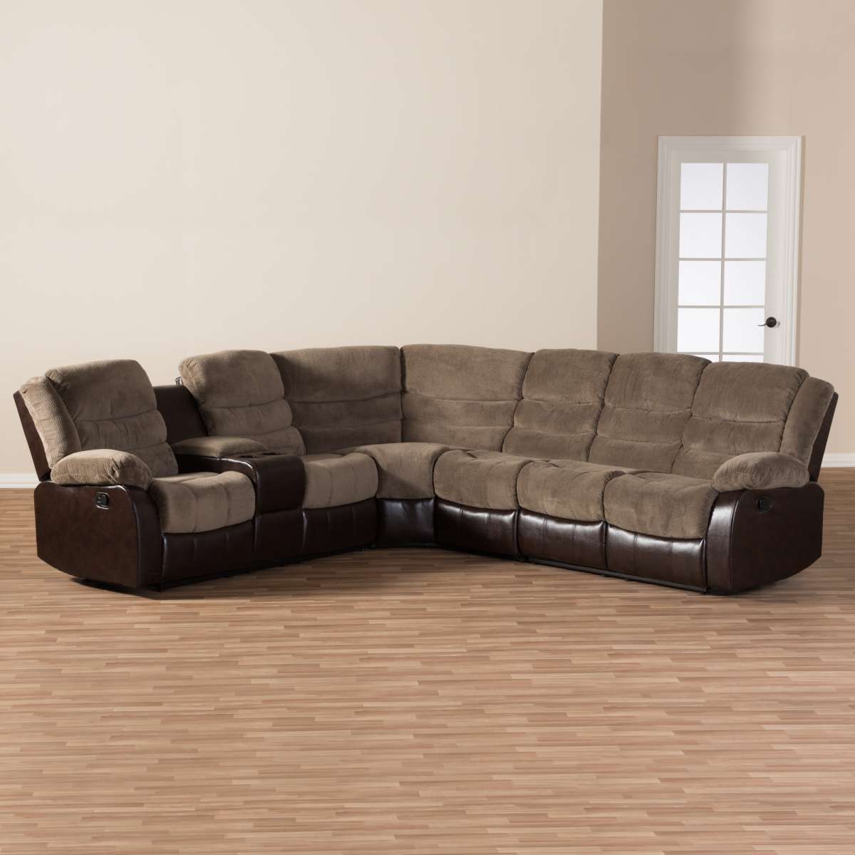 Baxton Studio Robinson Modern and Contemporary Taupe Fabric and Brown Faux Leather Two-Tone Sectional Sofa | Sofas | Modishstore - 3