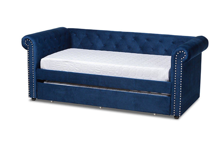 baxton studio mabelle modern and contemporary navy blue velvet upholstered daybed with trundle | Modish Furniture Store-2