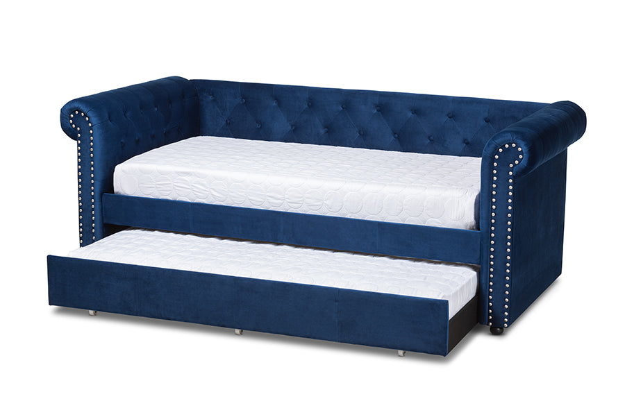 baxton studio mabelle modern and contemporary navy blue velvet upholstered daybed with trundle | Modish Furniture Store-3