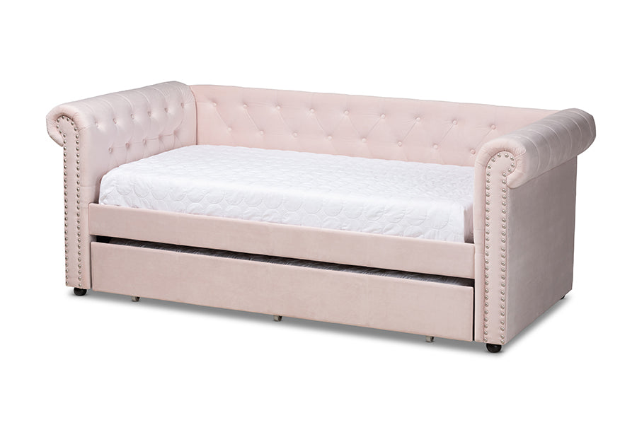 baxton studio mabelle modern and contemporary light pink velvet upholstered daybed with trundle | Modish Furniture Store-2