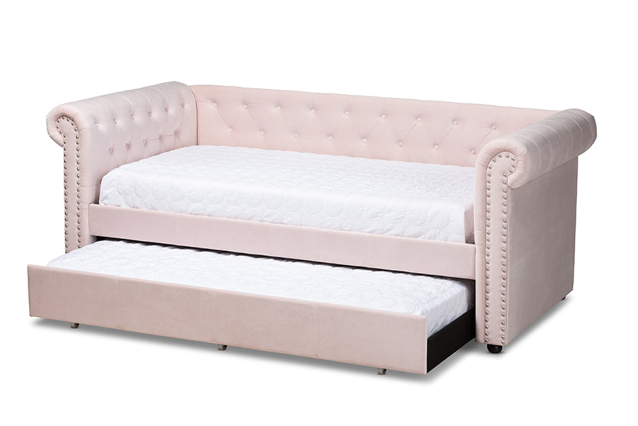 baxton studio mabelle modern and contemporary light pink velvet upholstered daybed with trundle | Modish Furniture Store-3