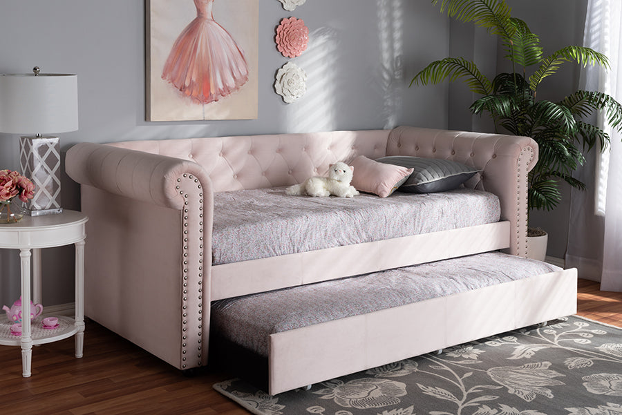 Baxton Studio Mabelle Modern and Contemporary Light Pink Velvet Upholstered Daybed with Trundle | Modishstore | Beds