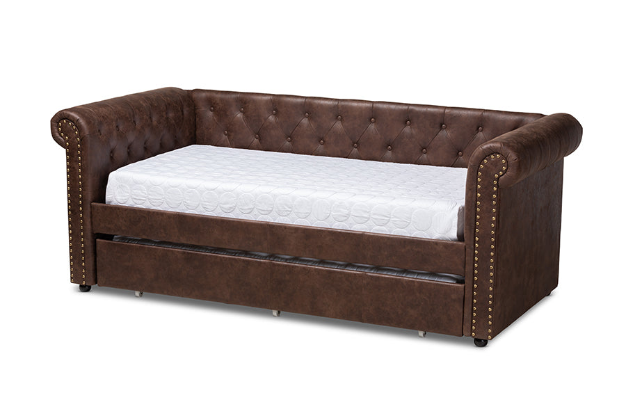 baxton studio mabelle modern and contemporary brown faux leather upholstered daybed with trundle | Modish Furniture Store-2