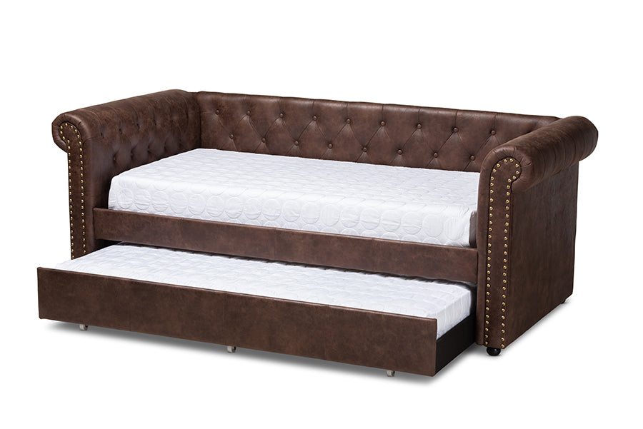 baxton studio mabelle modern and contemporary brown faux leather upholstered daybed with trundle | Modish Furniture Store-3