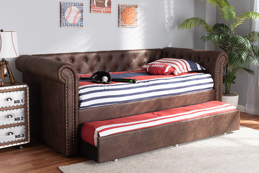 Baxton Studio Mabelle Modern and Contemporary Brown Faux Leather Upholstered Daybed with Trundle | Modishstore | Beds