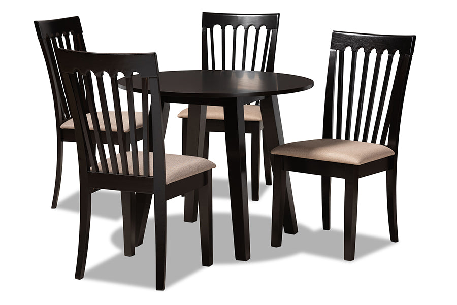 baxton studio maisie modern and contemporary sand fabric upholstered and dark brown finished wood 5 piece dining set | Modish Furniture Store-2
