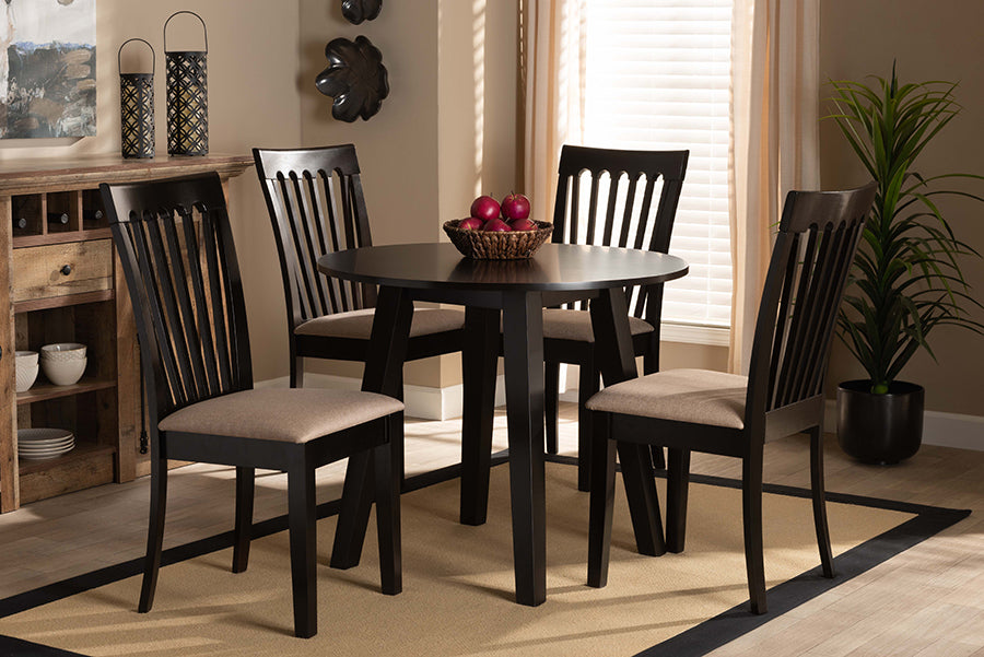 Baxton Studio Maisie Modern and Contemporary Sand Fabric Upholstered and Dark Brown Finished Wood 5-Piece Dining Set | Modishstore | Dining Sets
