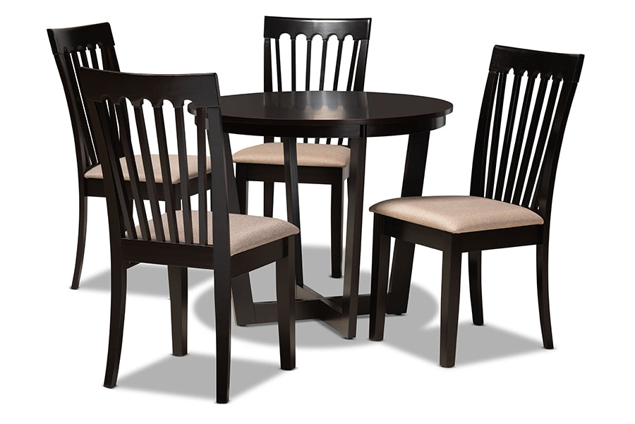 baxton studio nellie modern and contemporary sand fabric upholstered and dark brown finished wood 5 piece dining set | Modish Furniture Store-2