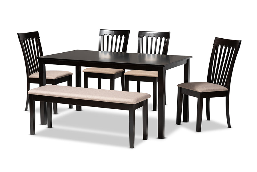 baxton studio minette modern and contemporary sand fabric upholstered and dark brown finished wood 6 piece dining set | Modish Furniture Store-2
