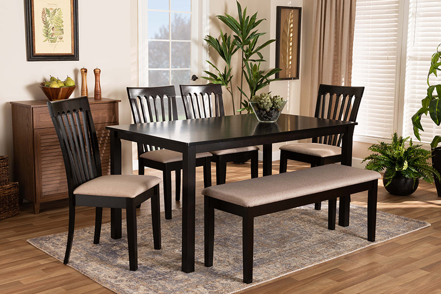 Baxton Studio Minette Modern and contemporary Sand Fabric Upholstered and Dark Brown Finished Wood 6-Piece Dining Set | Modishstore | Dining Sets