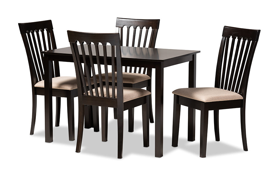 baxton studio minette modern and contemporary sand fabric upholstered espresso brown finished wood 5 piece dining set | Modish Furniture Store-2