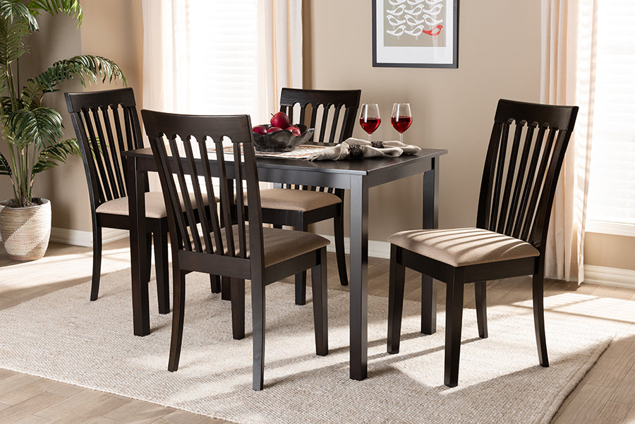 Baxton Studio Minette Modern and Contemporary Sand Fabric Upholstered Espresso Brown Finished Wood 5-Piece Dining Set | Modishstore | Dining Sets
