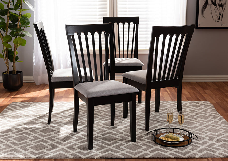 Baxton Studio Minette Modern and Contemporary Gray Fabric Upholstered Espresso Brown Finished Wood Dining Chair Set of 4 | Modishstore | Dining Chairs