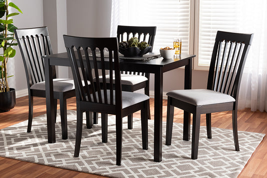 Baxton Studio Minette Modern and Contemporary Gray Fabric Upholstered Espresso Brown Finished Wood 5-Piece Dining Set | Modishstore | Dining Sets