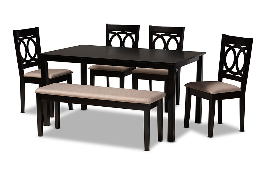 baxton studio bennett modern and contemporary sand fabric upholstered and dark brown finished wood 6 piece dining set | Modish Furniture Store-2