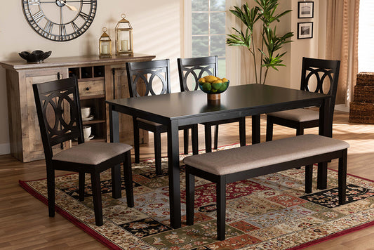Baxton Studio Bennett Modern and Contemporary Sand Fabric Upholstered and Dark Brown Finished Wood 6-Piece Dining Set | Modishstore | Dining Sets