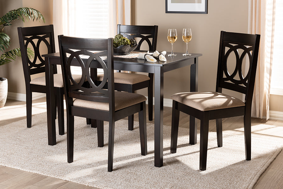 Baxton Studio Lenoir Modern and Contemporary Sand Fabric Upholstered Espresso Brown Finished Wood 5-Piece Dining Set | Modishstore | Dining Sets