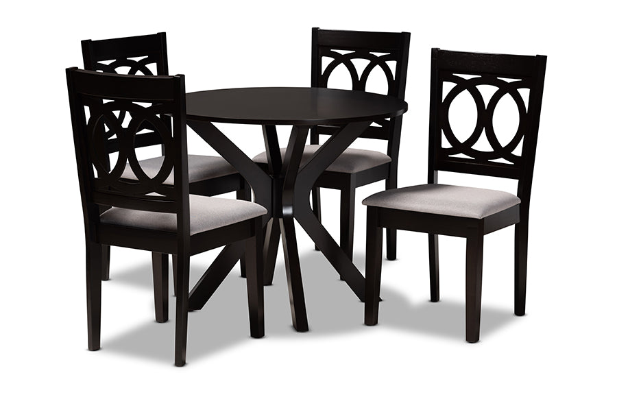 baxton studio sanne modern and contemporary grey fabric upholstered and dark brown finished wood 5 piece dining set | Modish Furniture Store-2