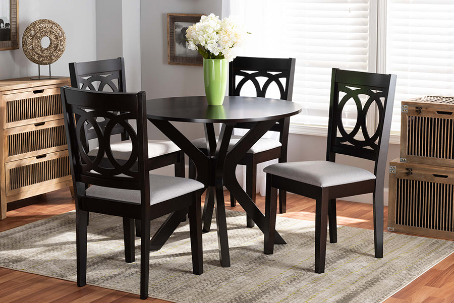 Baxton Studio Sanne Modern and Contemporary Grey Fabric Upholstered and Dark Brown Finished Wood 5-Piece Dining Set | Modishstore | Dining Sets