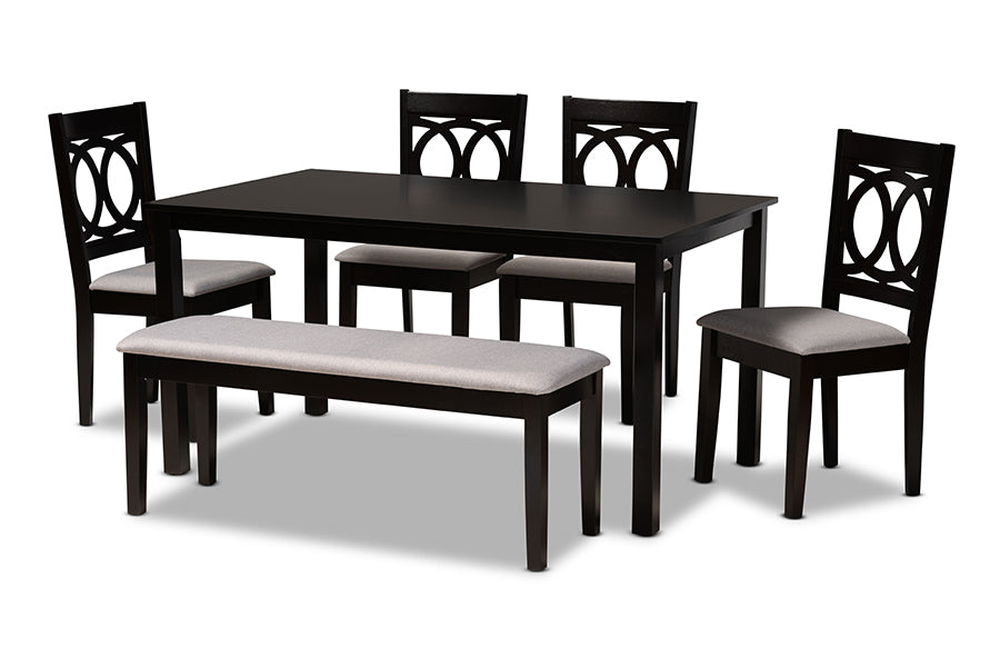 baxton studio bennett modern and contemporary grey fabric upholstered and dark brown finished wood 6 piece dining set | Modish Furniture Store-2