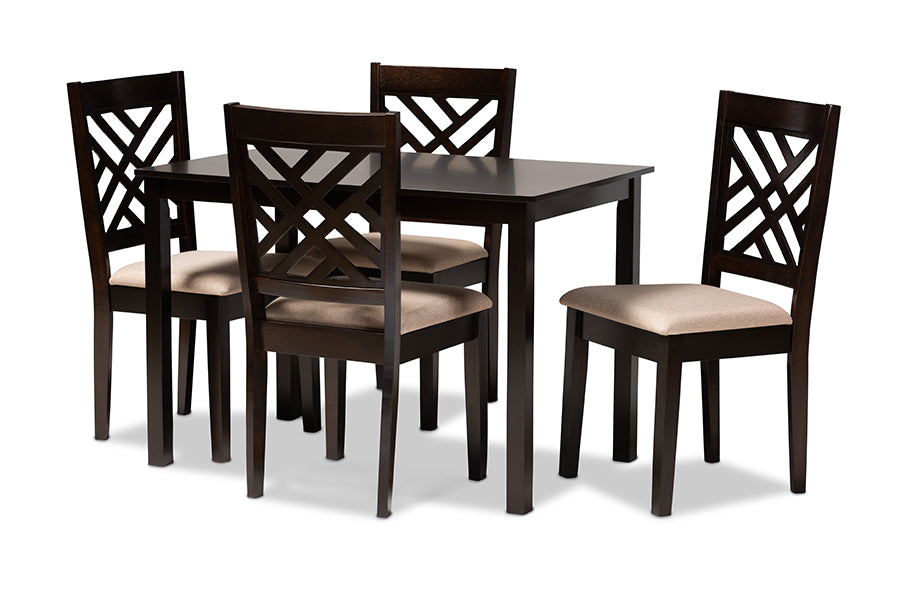 baxton studio caron modern and contemporary sand fabric upholstered espresso brown finished wood 5 piece dining set | Modish Furniture Store-2